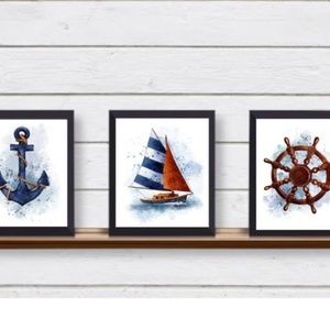 Set of 3 Nautical Sailing UNFRAMED  Art Prints Boat Anchor Wheel 4 Beach House
